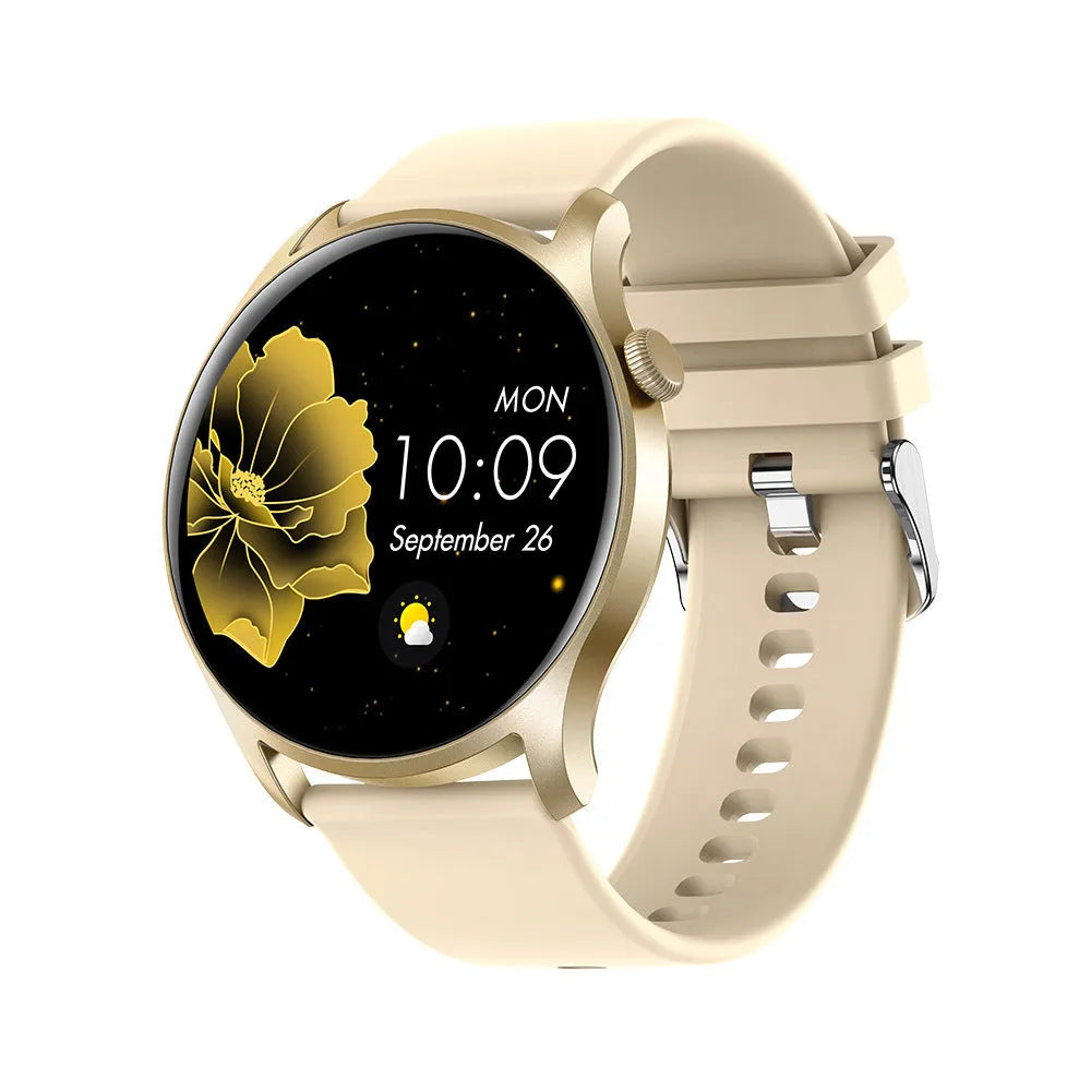 Pink smart watch with silicone wristband showing heart rate and blood pressure on its 1.3-inch screen