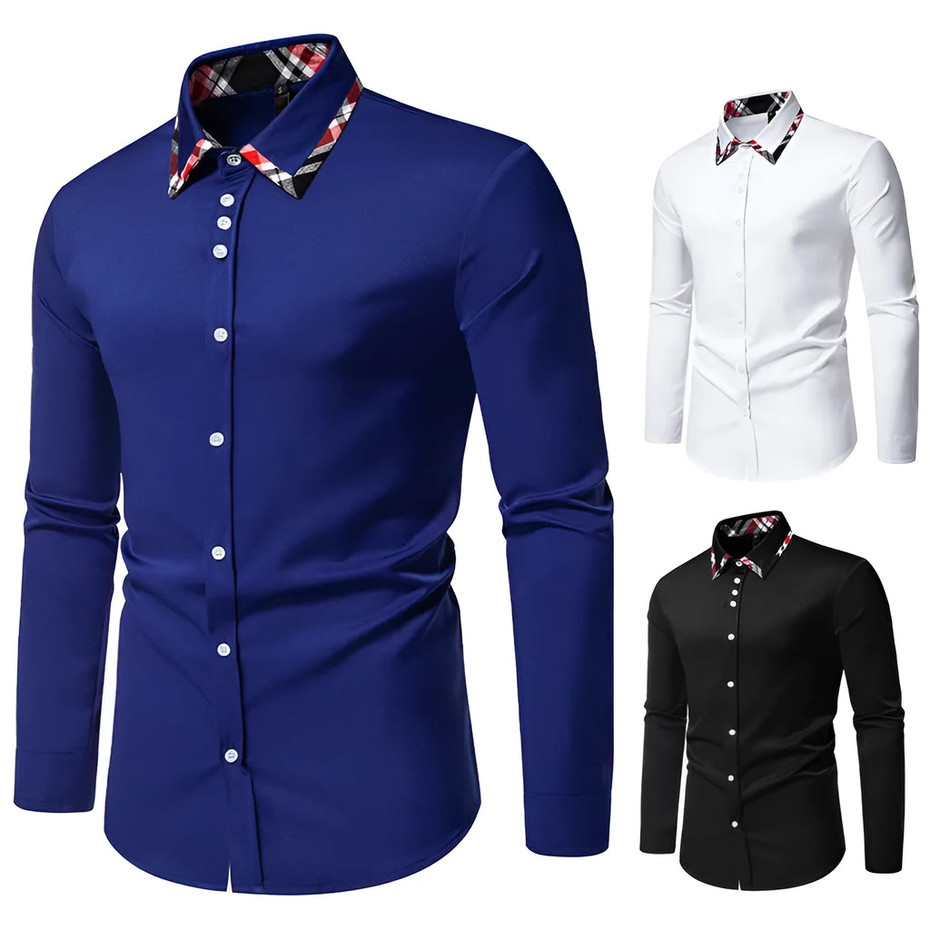 Blue, black, and white men's plaid long sleeve shirt with a triangle collar on a hanger.