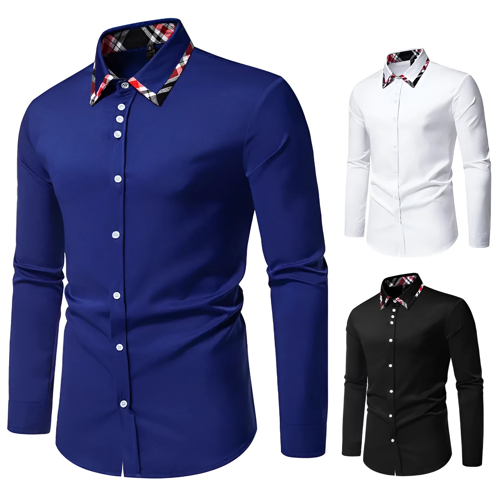 Blue, black, and white men's plaid long sleeve shirt with a triangle collar on a hanger.