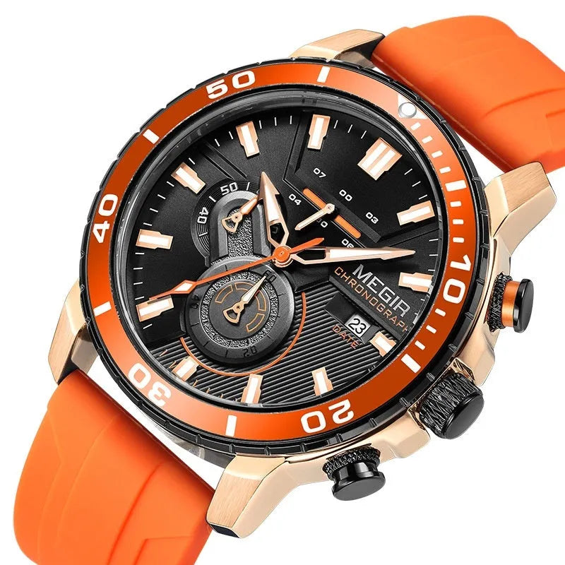 Men's multi-function chronograph calendar sports watch with 53mm dial, mineral glass, stainless steel, blue dial colour