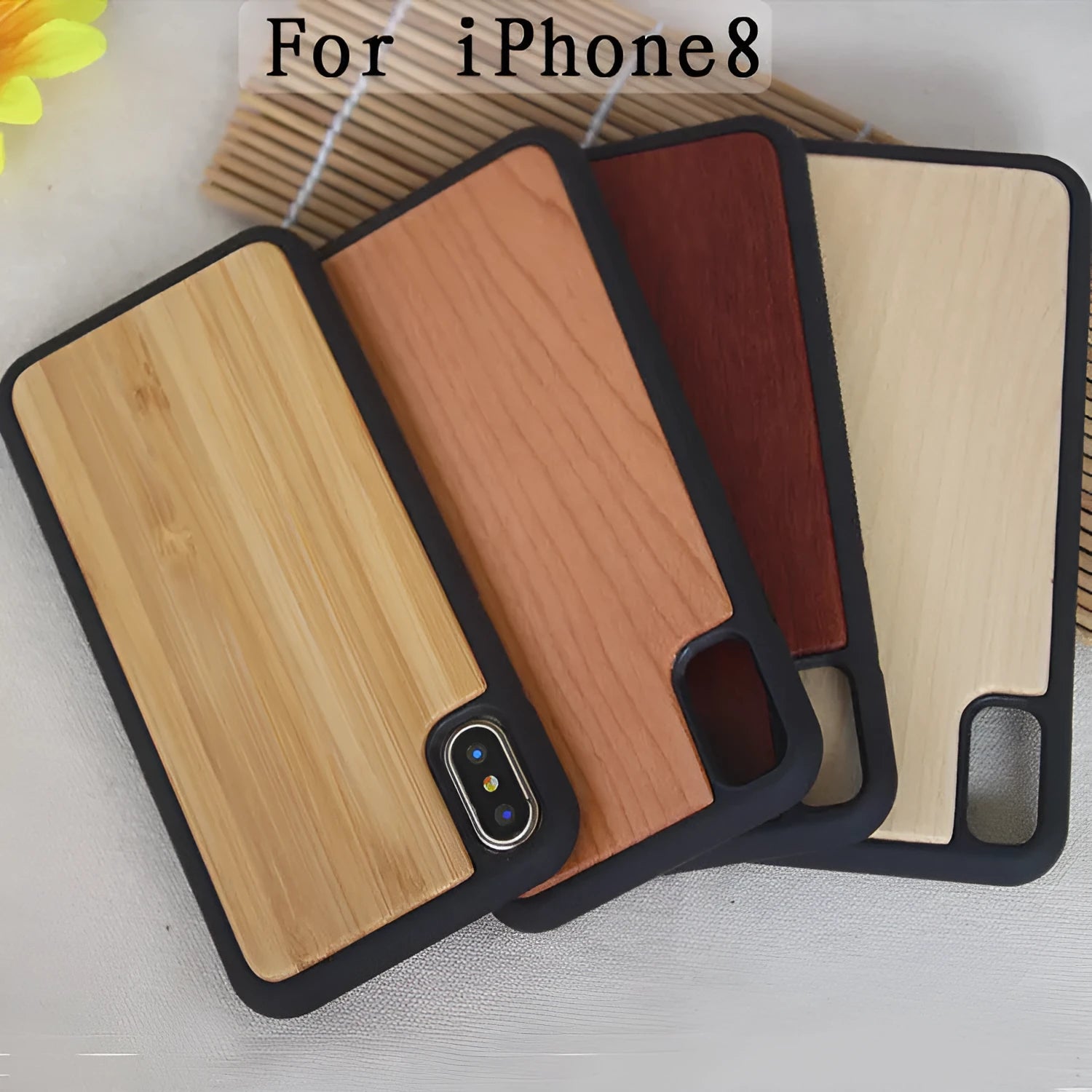 Wooden phone case with TPU shell for iPhone in bamboo, cherry, rosewood, walnut, or white.