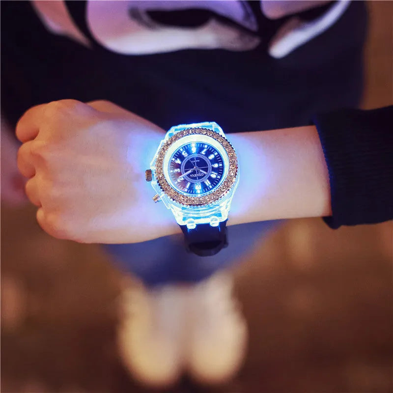 Women's LED luminous watch with round 43mm dial and silicone strap in various colours