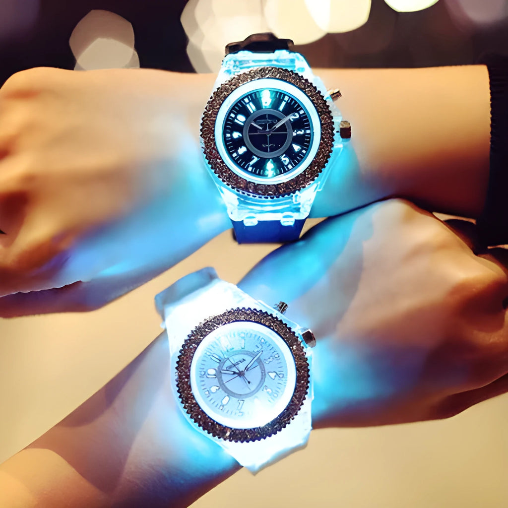 Women's LED luminous watch with round 43mm dial and silicone strap in various colours
