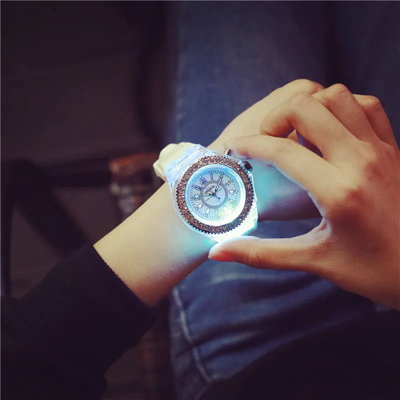 Women's LED luminous watch with round 43mm dial and silicone strap in various colours