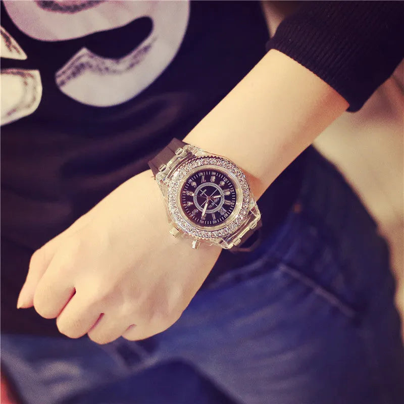 Women's LED luminous watch with round 43mm dial and silicone strap in various colours