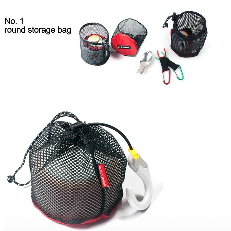 Set of five red outdoor travel storage bags made from Oxford cloth and mesh.