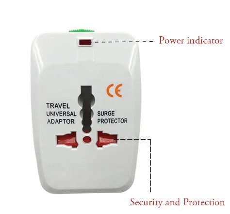Compact universal travel plug adapter for mobile phones, dimensions 73mm by 50mm by 39mm.