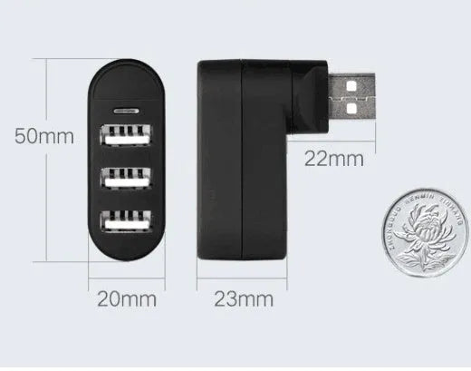 USB 2.0 hub splitter with spinning colour design in black and white colour options showing multiple connection ports