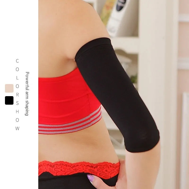 Women's nylon arm sleeves in black and skin tone colours showing shaping compression design