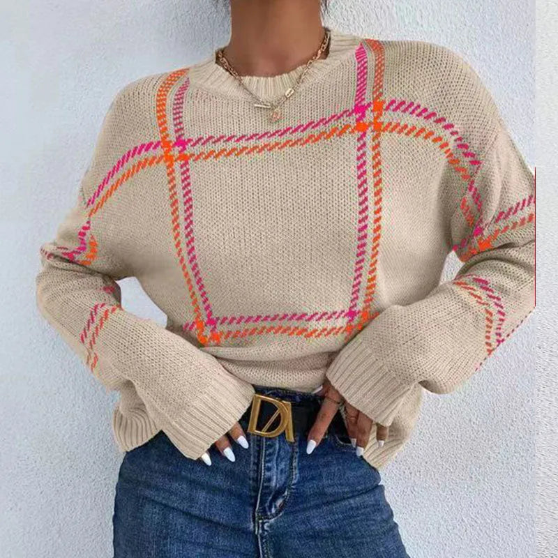 Women's loose fit plaid colour-block sweater with apricot, black, beige, red, and green stripes, crew neck pullover.