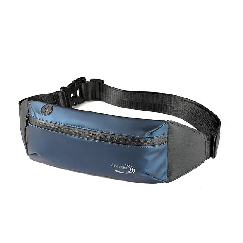 Men's blue waterproof sports waist bag made from Derm Oxford polyester, shown with adjustable strap.