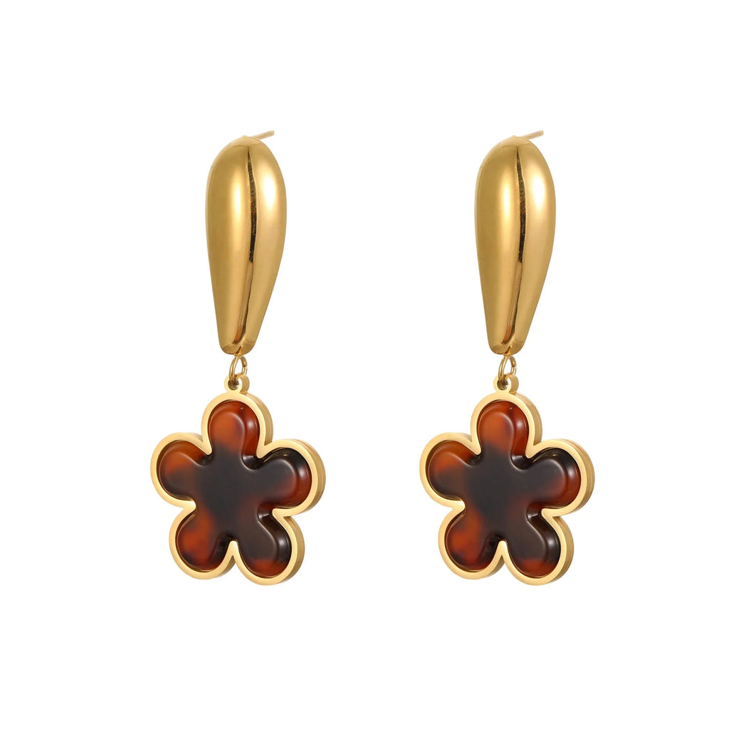 Women's tortoiseshell resin hawksbill colour earrings with 18K gold electroplated stainless steel in flower and heart-shaped designs