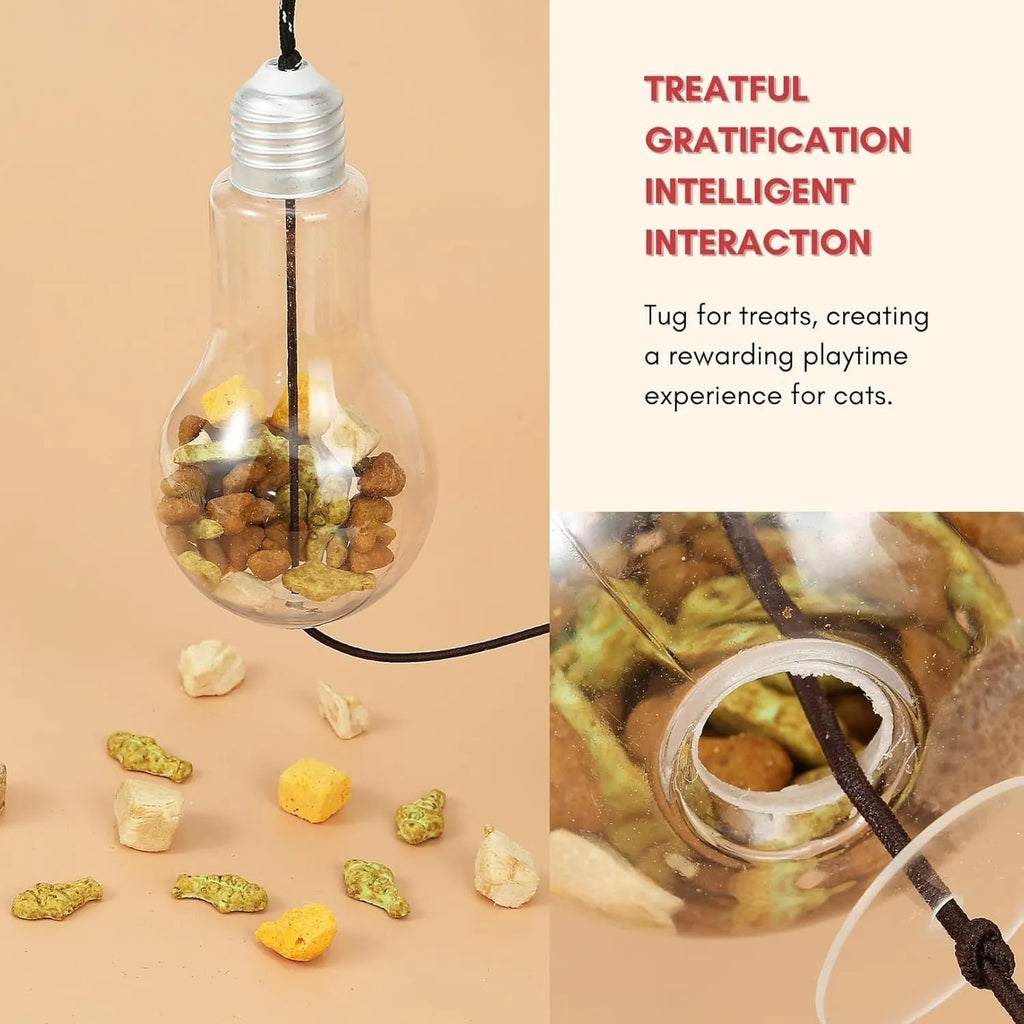 Creative interactive cat toy hanging on door frame with gray and yellow colour options, elastic rope, and treat dispensing bulb