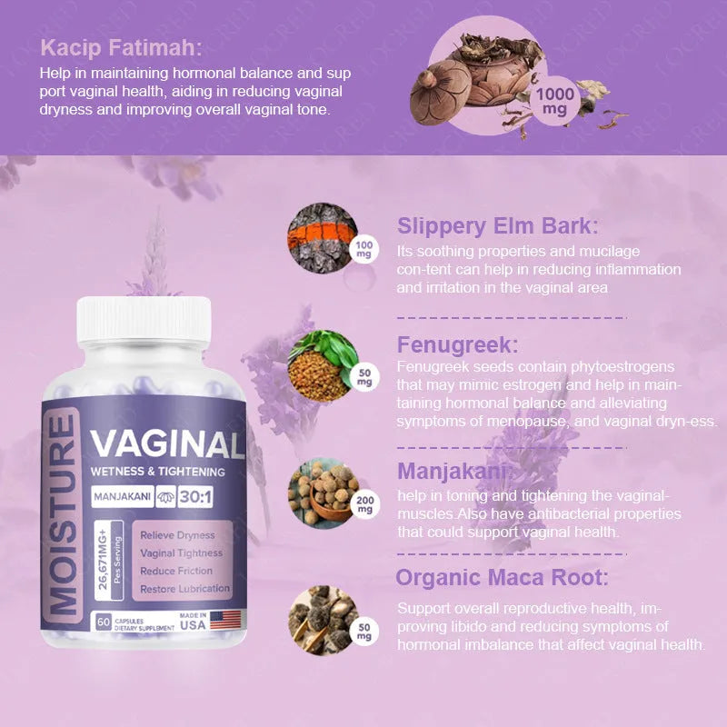 A bottle containing 60 herbal vaginal capsules for women's intimate wellness.