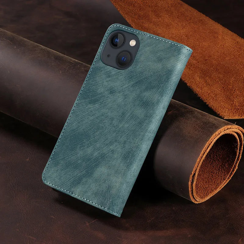 Magnetic flip phone case for iPhone in solid colour options showing TPU and leather construction