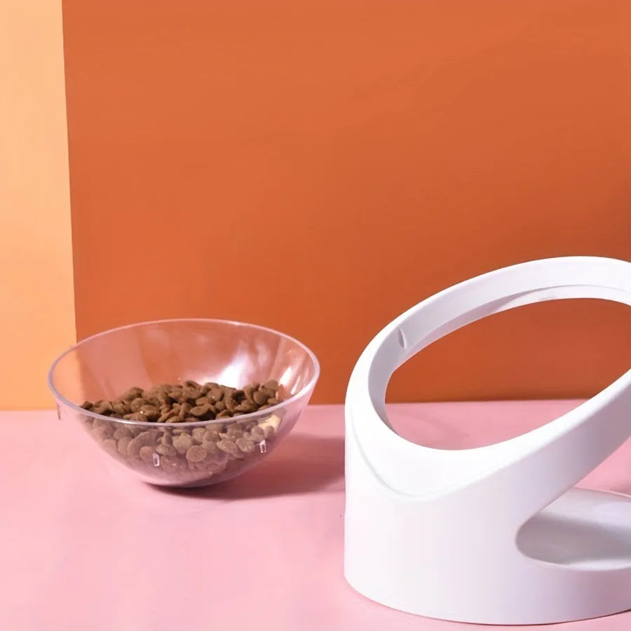 Clear white elevated cat food bowl with ergonomic tilt design for neck protection