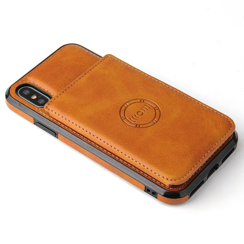 Imitation leather iPhone wallet case in multiple colours showing card slots on the back.