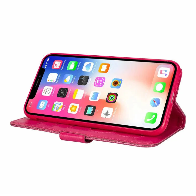 PU zipper phone case for iPhone in black, showing zipper closure and card slot