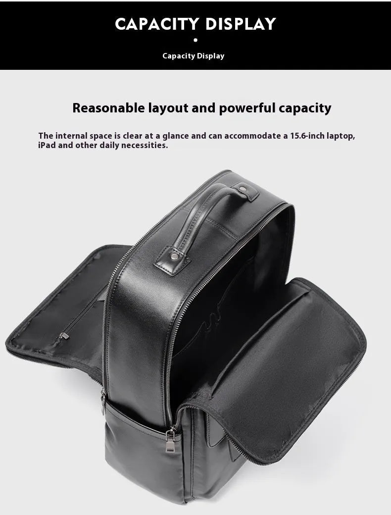 Large black genuine leather men's computer backpack with back support plate.