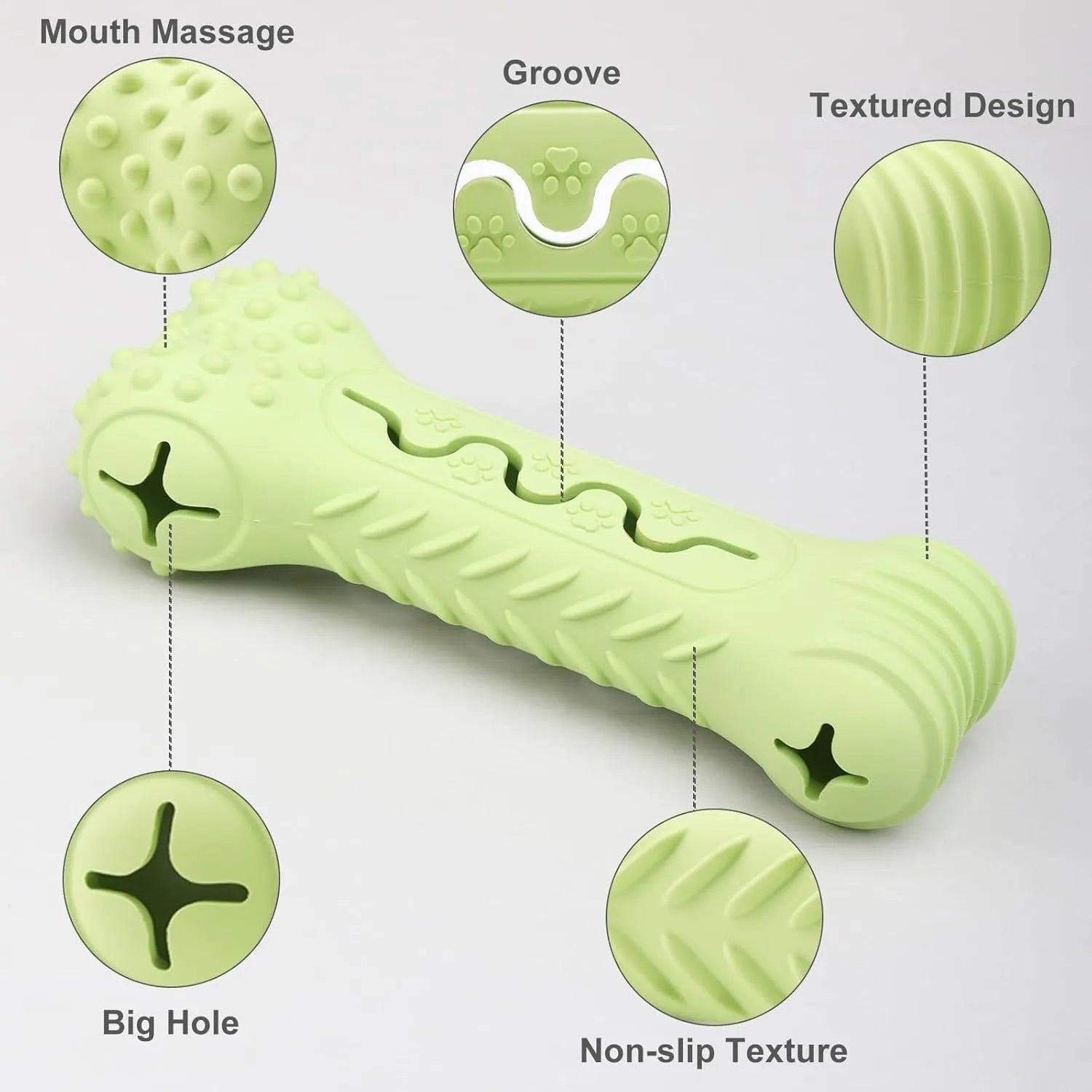 Natural rubber bone-shaped dog chew toy in blue, green, or orange for aggressive chewers and teeth cleaning