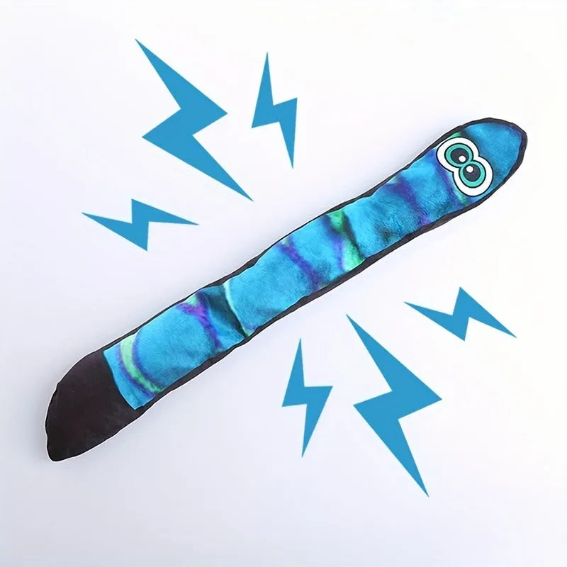 Plush snake dog squeaky toy with stripe print in rainbow colour, unfilled lightweight design