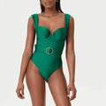 Women's one-piece swimsuit with gauze skirt in polyester fabric showing double shoulder design