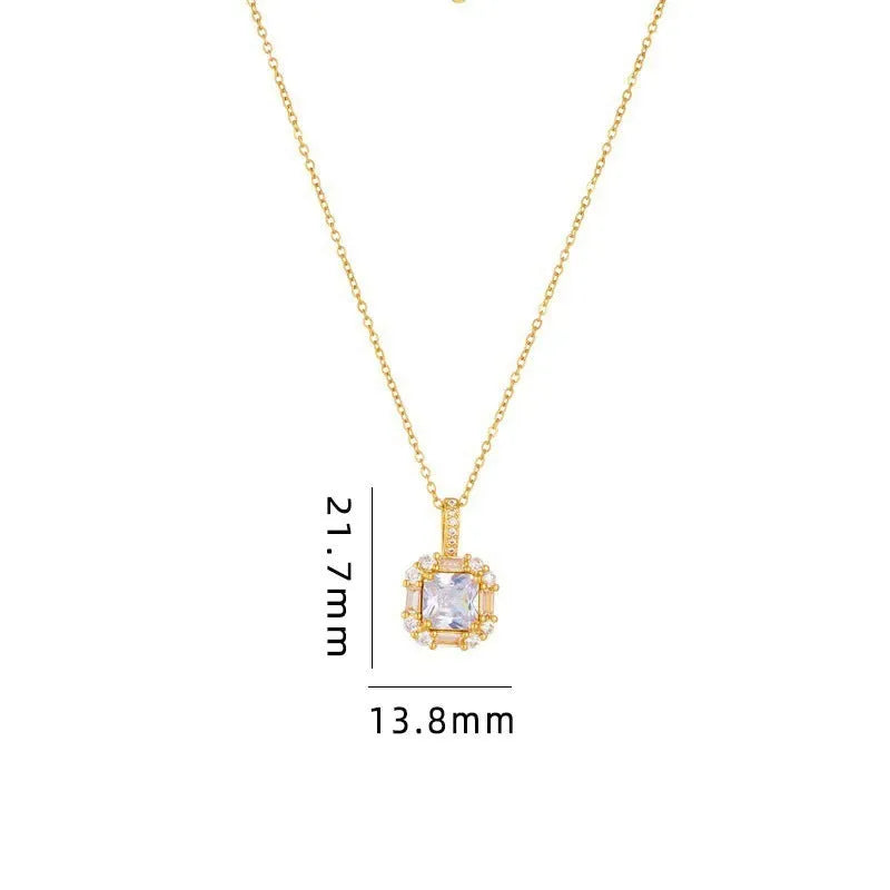 Women's geometric quadrilateral pendant necklace with mixed gem and zircon inlay on titanium steel chain
