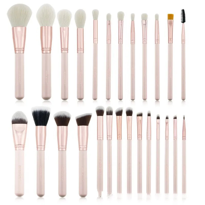 26 pink makeup brushes with wooden handles in storage bag for professional face makeup application