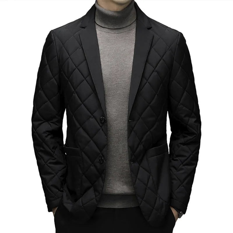 Men's solid colour thick winter down jacket with lapel cardigan style and side seam pockets