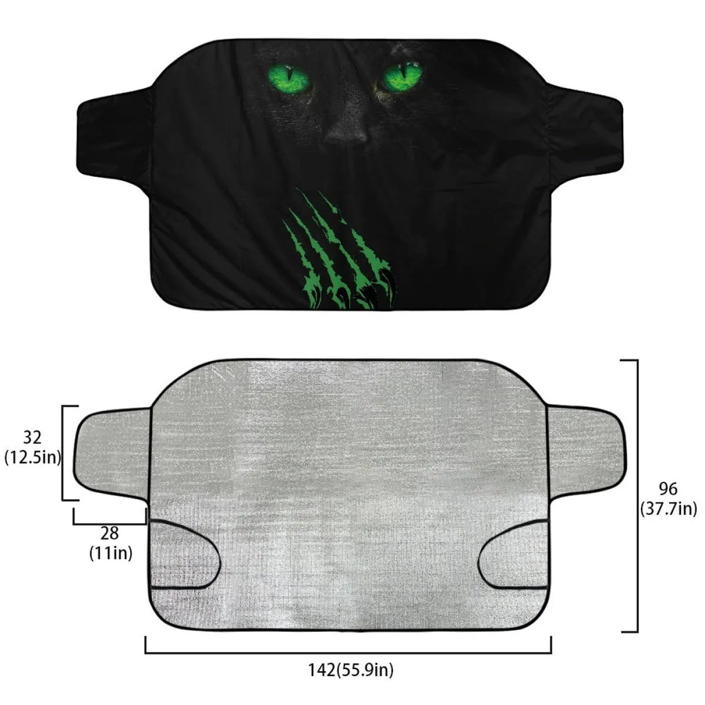 Car front gear snow protection cover showing aluminium film material and lanyard ties for windscreen.