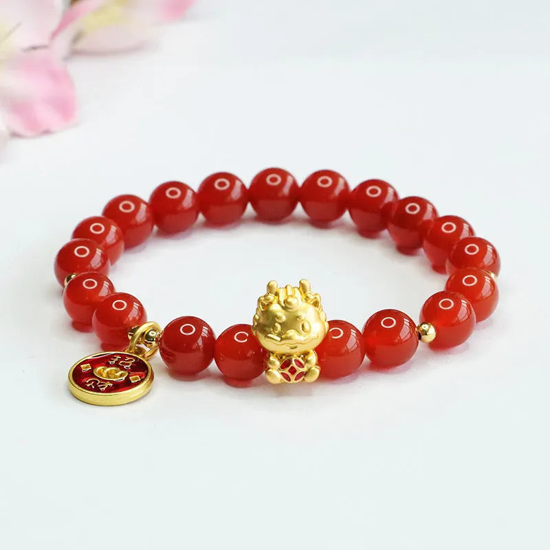 Red agate zodiac dragon bracelet with 8mm natural stone beads on white background