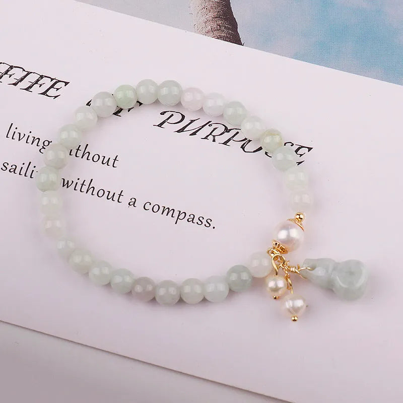 Natural emerald jade bracelet with pearl jade gourd accent, Chinese style women's handmade jewellery