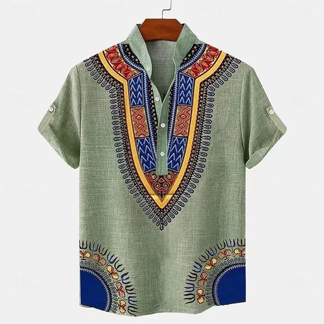 Men's striped casual shirt with button detail on a loose linen-style polyester fabric.