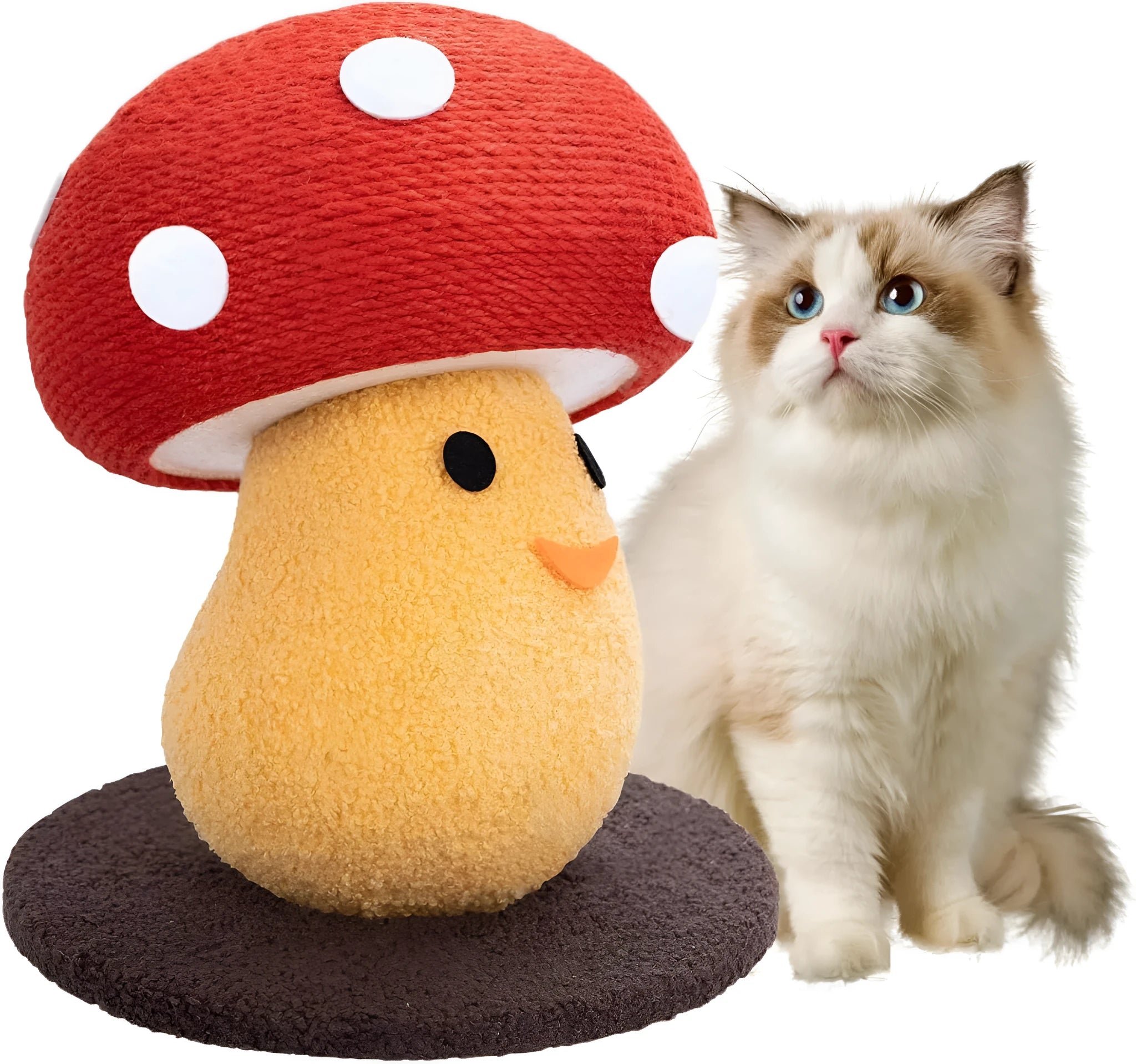 Round mushroom-shaped foldable cardboard cat scratcher lounge on a carpet.