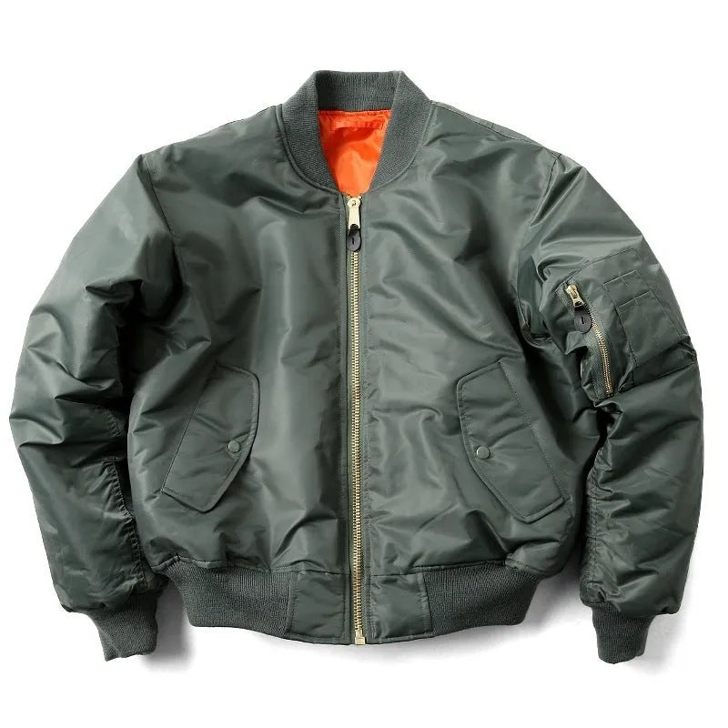 Men's Army Green loose fit cotton-padded pilot jacket with workwear styling on a hanger.