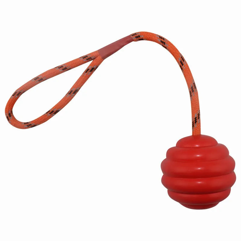Multi-colour rubber dog toy ball with rope knot design measuring 6x30cm