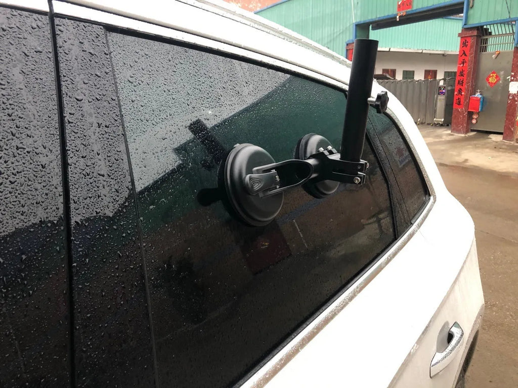 Black car sucker base with round suction cup for off-road flagpole mounting on vehicle windscreen