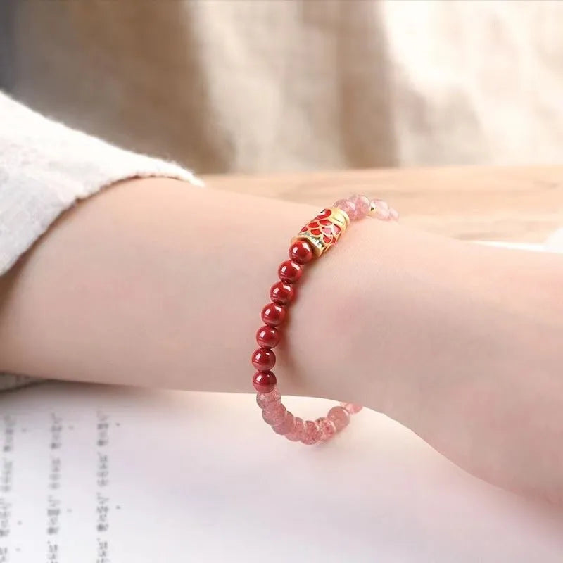 Koi purple cinnabar lucky beads peach blossom strawberry quartz bracelet for women retro style drip oil treatment