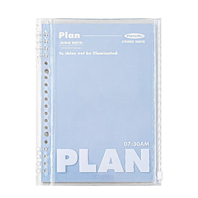 A5 size PVC spiral notebook in blue or white with a loose wire binding.