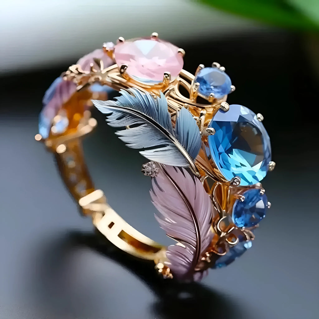 Geometric gold brass ring with colourful embossed feather design and zircon detailing