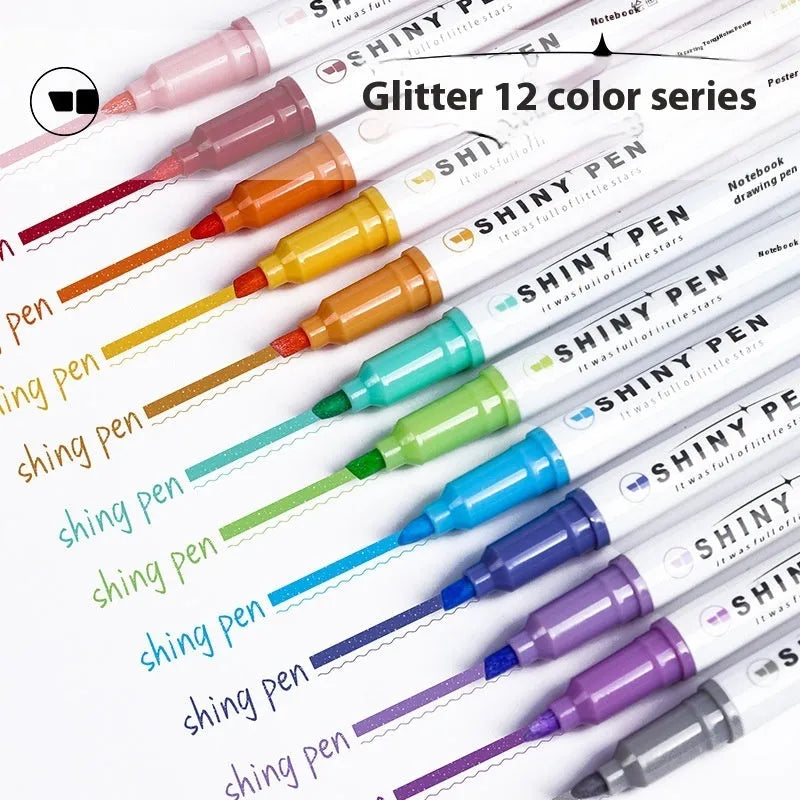 Set of four Sparkling Star River glitter fluorescent highlighter pens with slanted tips in assorted colours.