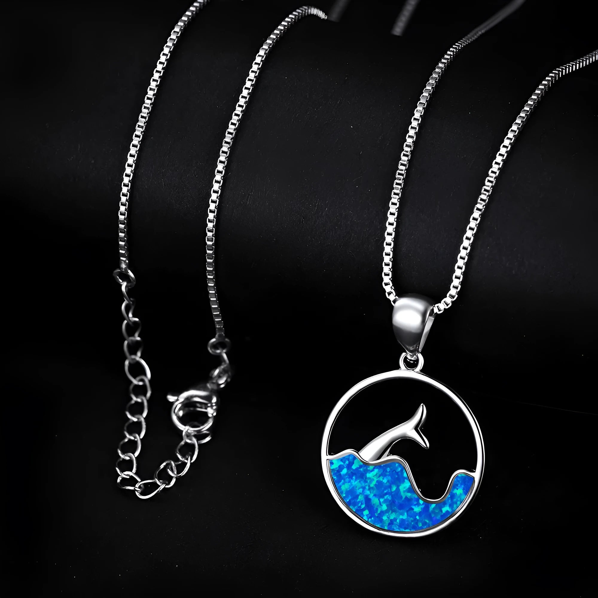 White gold electroplated sea fishtail necklace with round blue opal geometry design on copper construction