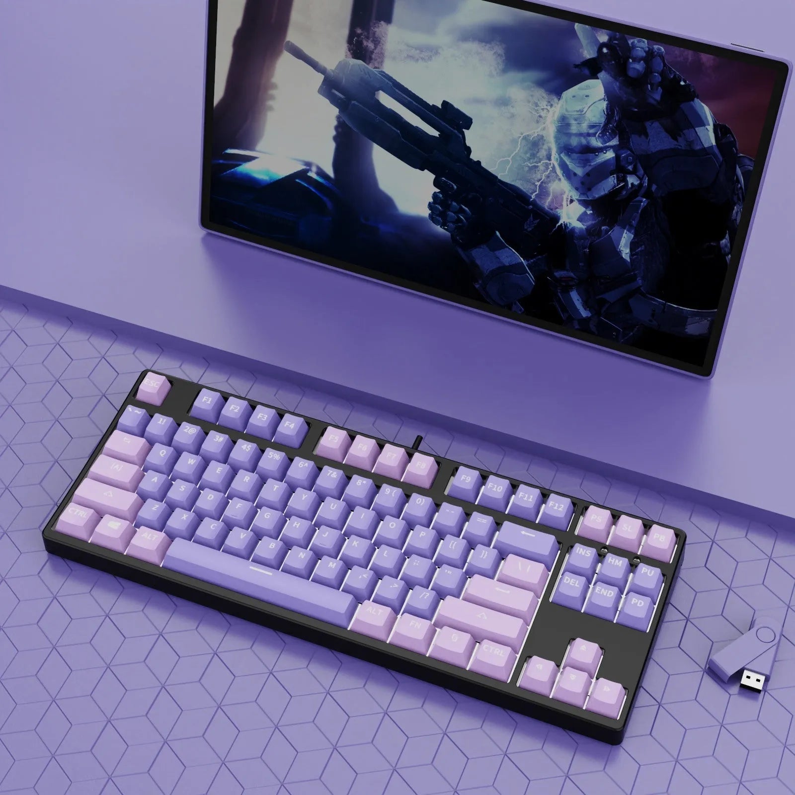 87-key wired mechanical gaming keyboard with colourful keycaps on a metal frame, shown with key puller and cable.