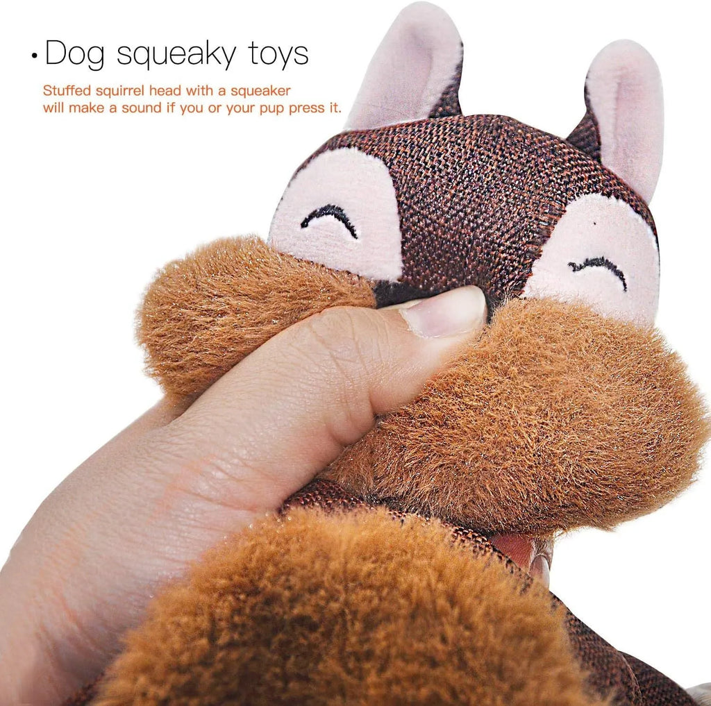 Brown fox-shaped plush dog toy with cotton rope arms and legs and embroidered eyes