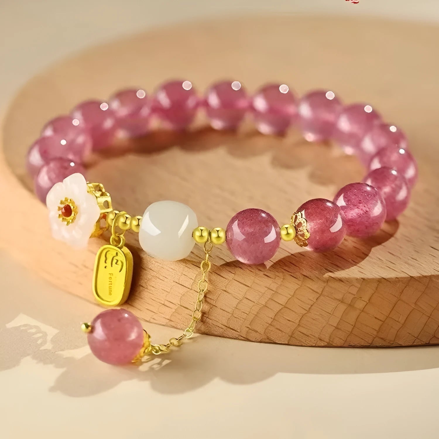 Natural strawberry quartz crystal bracelet for women handcrafted with green strawberry quartz moon design