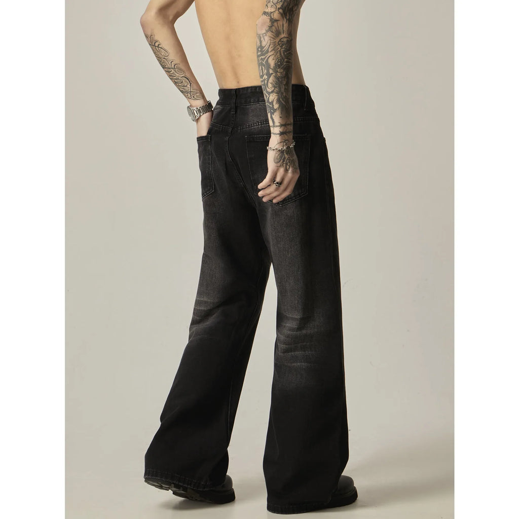 American retro black loose straight-leg jeans with zipper fly on mannequin