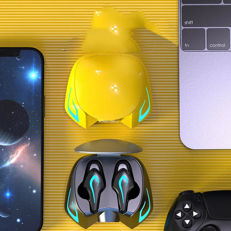Wireless Bluetooth gaming earbuds in black, grey, or yellow with 10m range and 4-hour battery life