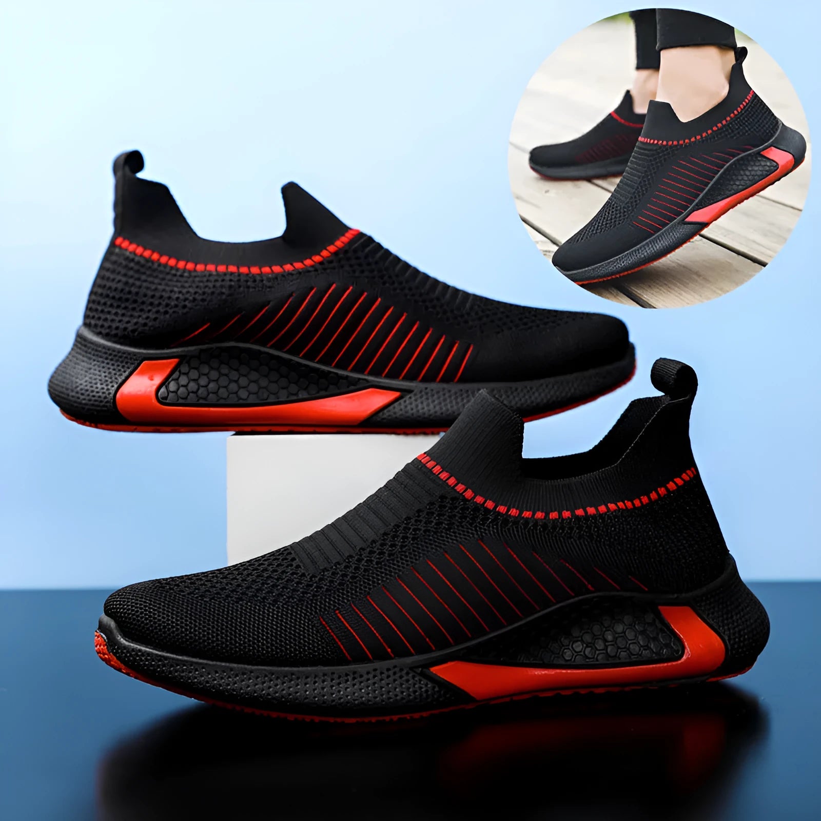 Men's striped mesh slip-on sneakers with lace-up front in black, white, and black/white colour options