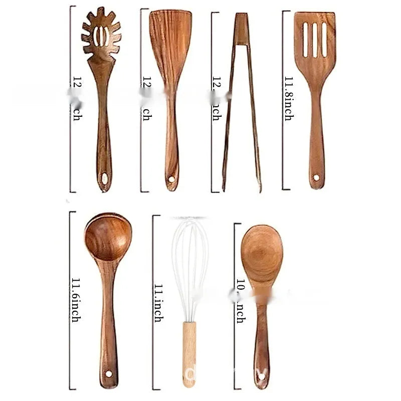 Seven-piece wooden kitchen utensil set with spoons, spatulas, and soup spoons in boxed presentation