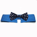 Denim pet collar with star pattern and bow tie on a table, adjustable fastener tape closure